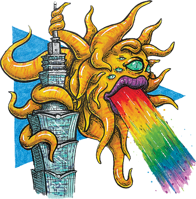 Rainbow spewing monster perched atop Taipei 101