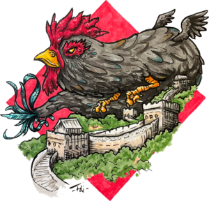A gargantuan rooster dragon hovering above the great wall