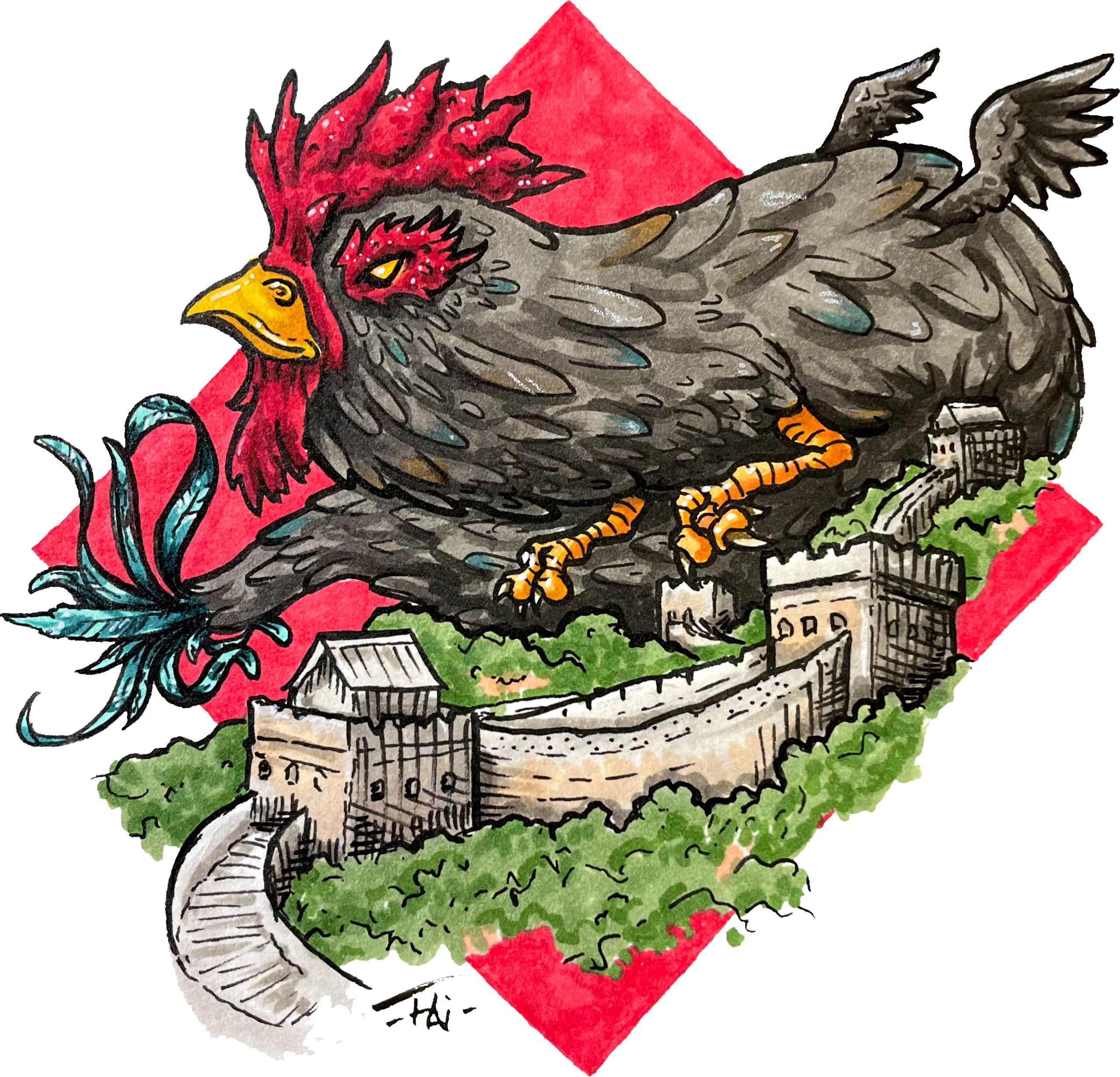 A gargantuan rooster dragon hovering above the great wall